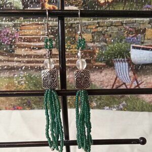 Hand Crafted  Green n Silver Beaded Earrings